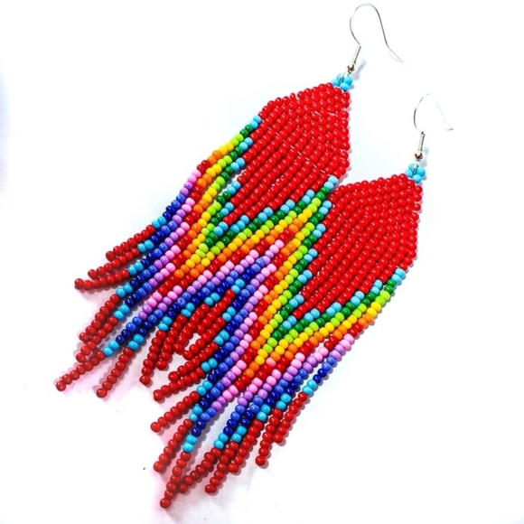 🌈 Red Rainbow Long Fringe Seed Bead Earrings - Picture 3 of 4